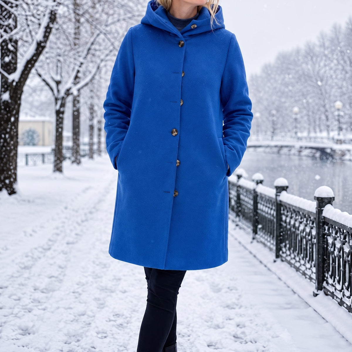 Charlotte - Women's Hooded Longline Coat - Blue