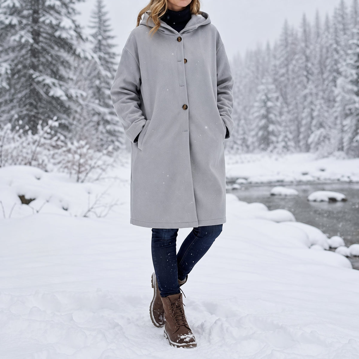 Charlotte - Women's Hooded Longline Coat - Grey