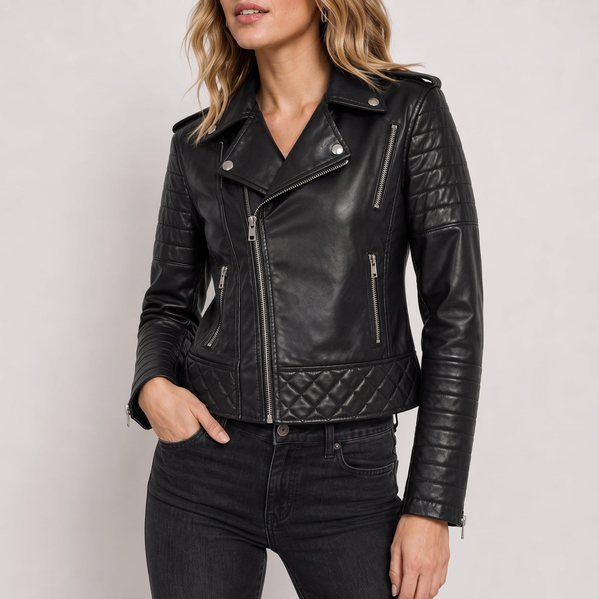 Charlotte - Women's Quilted Biker Jacket with Zip Detailing - Black