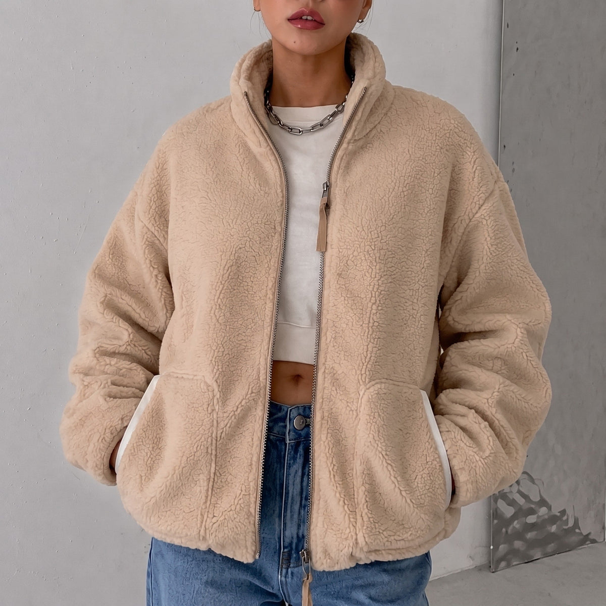Isla - Women's Oversized Jacket with Stand Collar - Coats & Jackets - Brown - Davies & Cooper