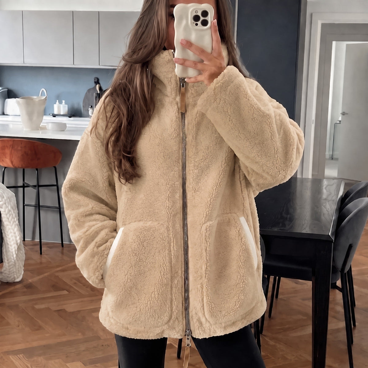 Isla - Women's Oversized Jacket with Stand Collar - Coats & Jackets - Brown - Davies & Cooper