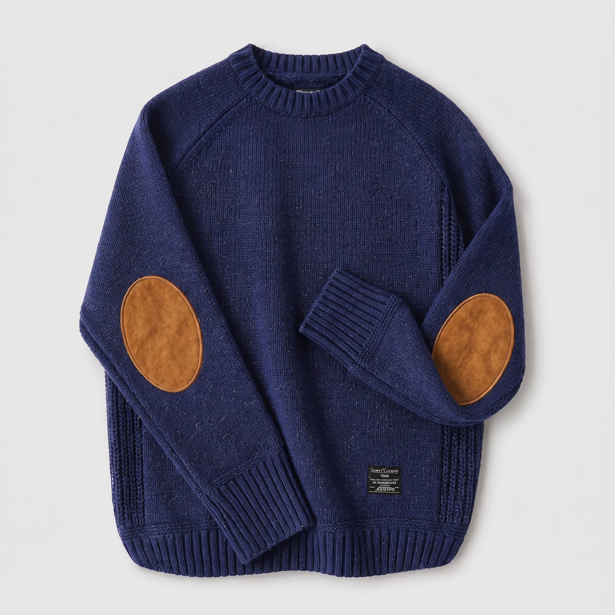 James - Men's Elbow Patch Knitted Jumper with Ribbed Trim - Sweaters - Blue - Davies & Cooper