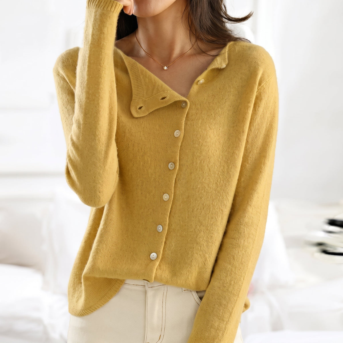 Lia - Women's Asymmetric Button-Front Knit Cardigan - Cardigans - Yellow - Davies & Cooper