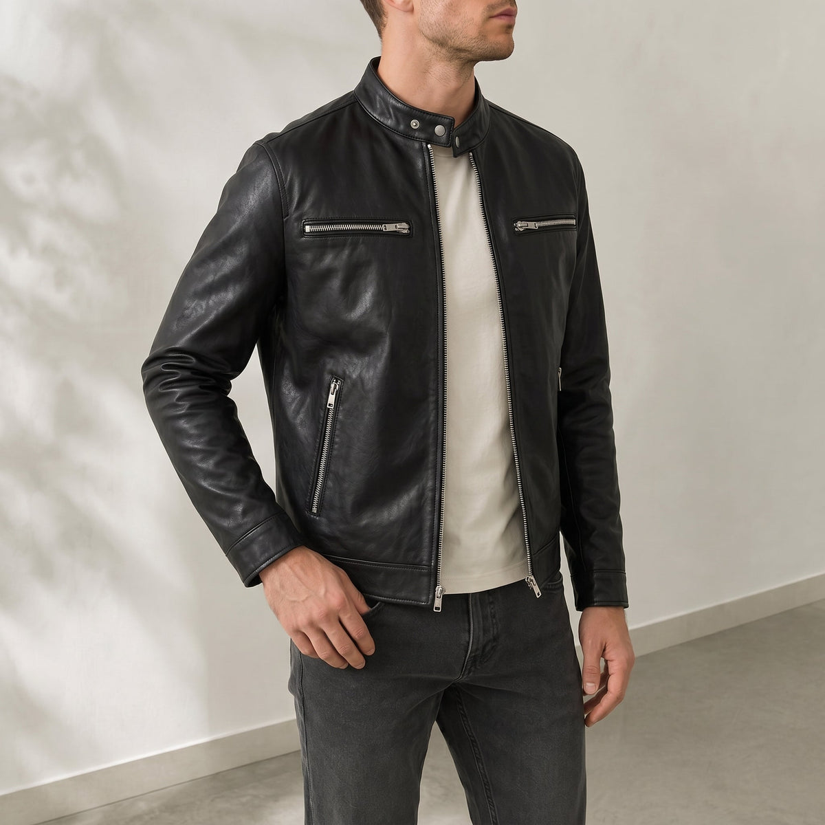 Marcus - Men's Outer Jacket with Quilted Collar and Zip Pockets - Sport Jackets - Black - Davies & Cooper