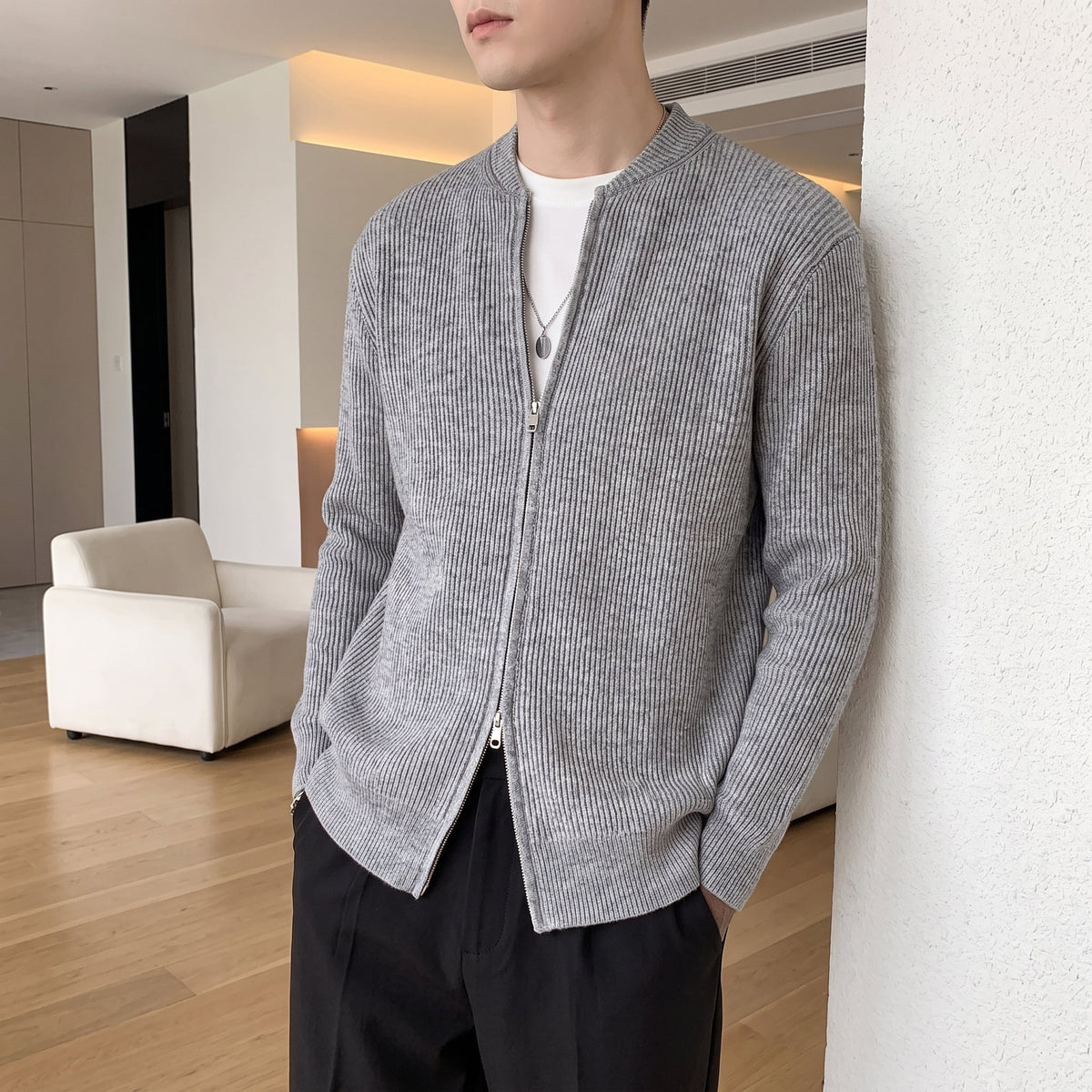Marcus - Men's Ribbed Zip-Up Cardigan with Bomber Collar - Cardigans - Grey - Davies & Cooper