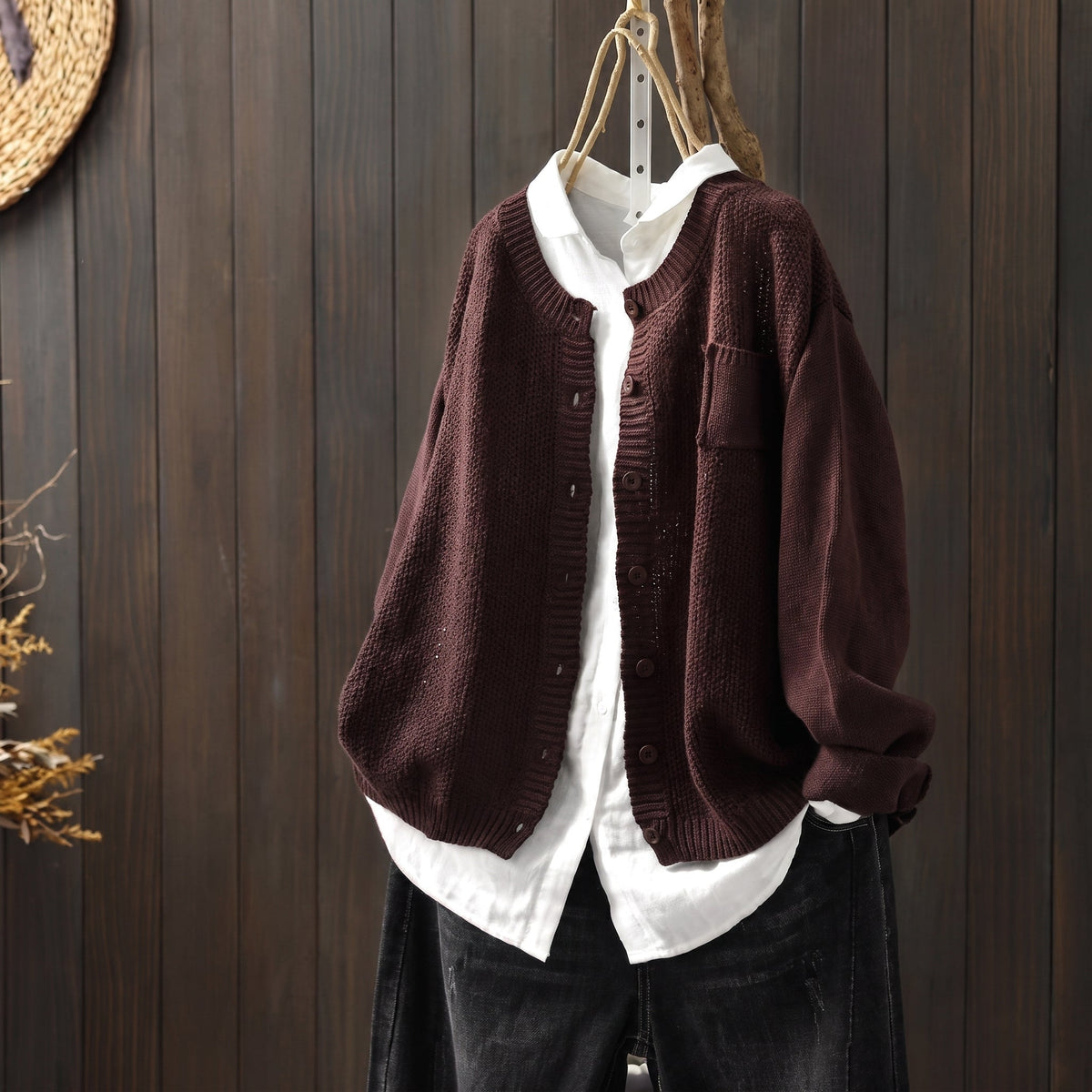 Margaret - Women's Oversized Chunky Knit Cardigan with Patch Pocket - Cardigans - Brown - Davies & Cooper