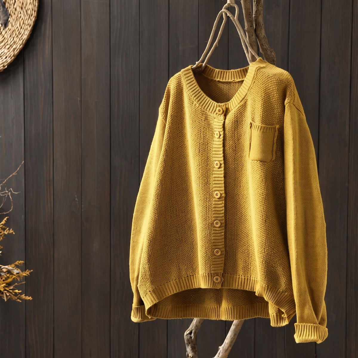 Margaret - Women's Oversized Chunky Knit Cardigan with Patch Pocket - Cardigans - Yellow - Davies & Cooper