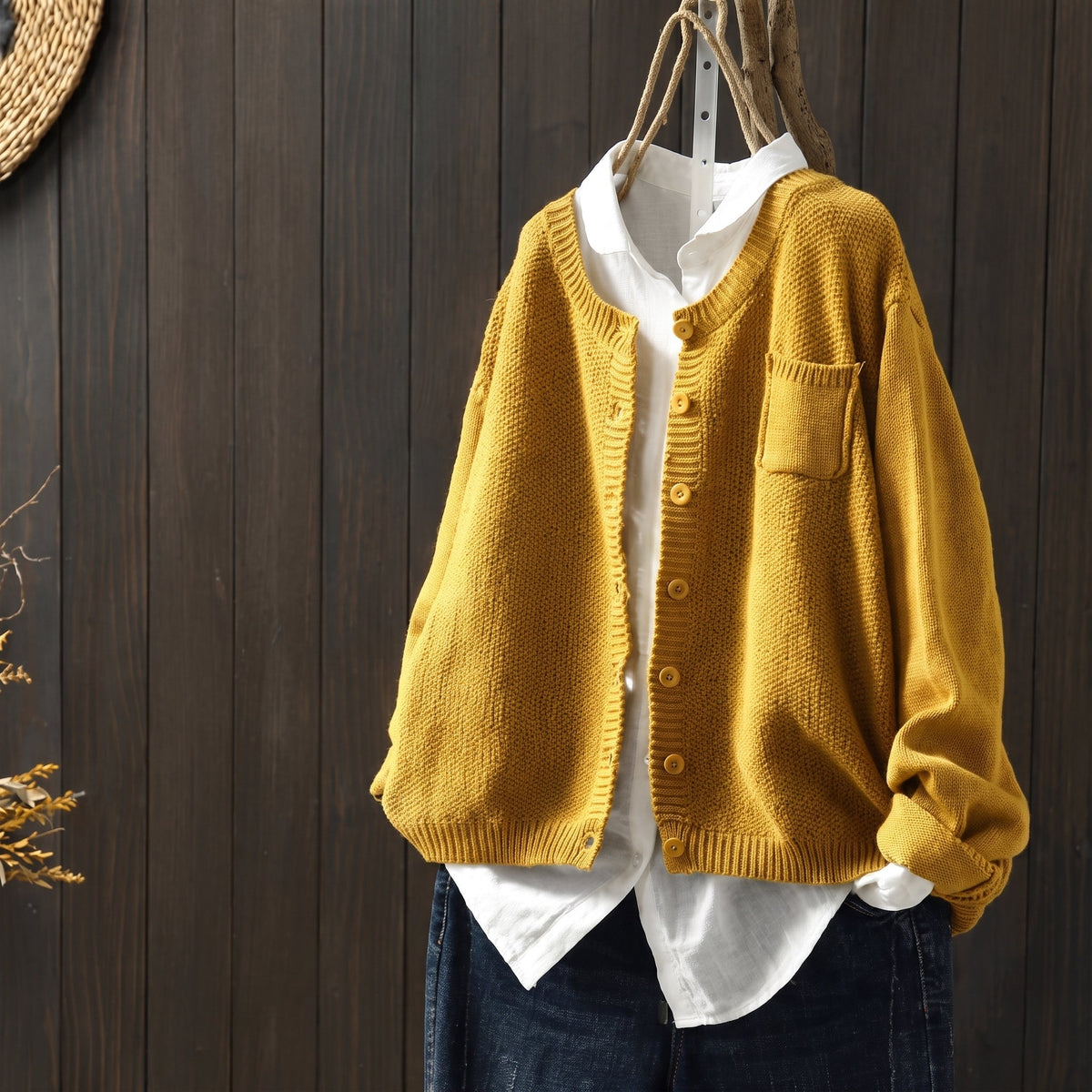 Margaret - Women's Oversized Chunky Knit Cardigan with Patch Pocket - Cardigans - Yellow - Davies & Cooper