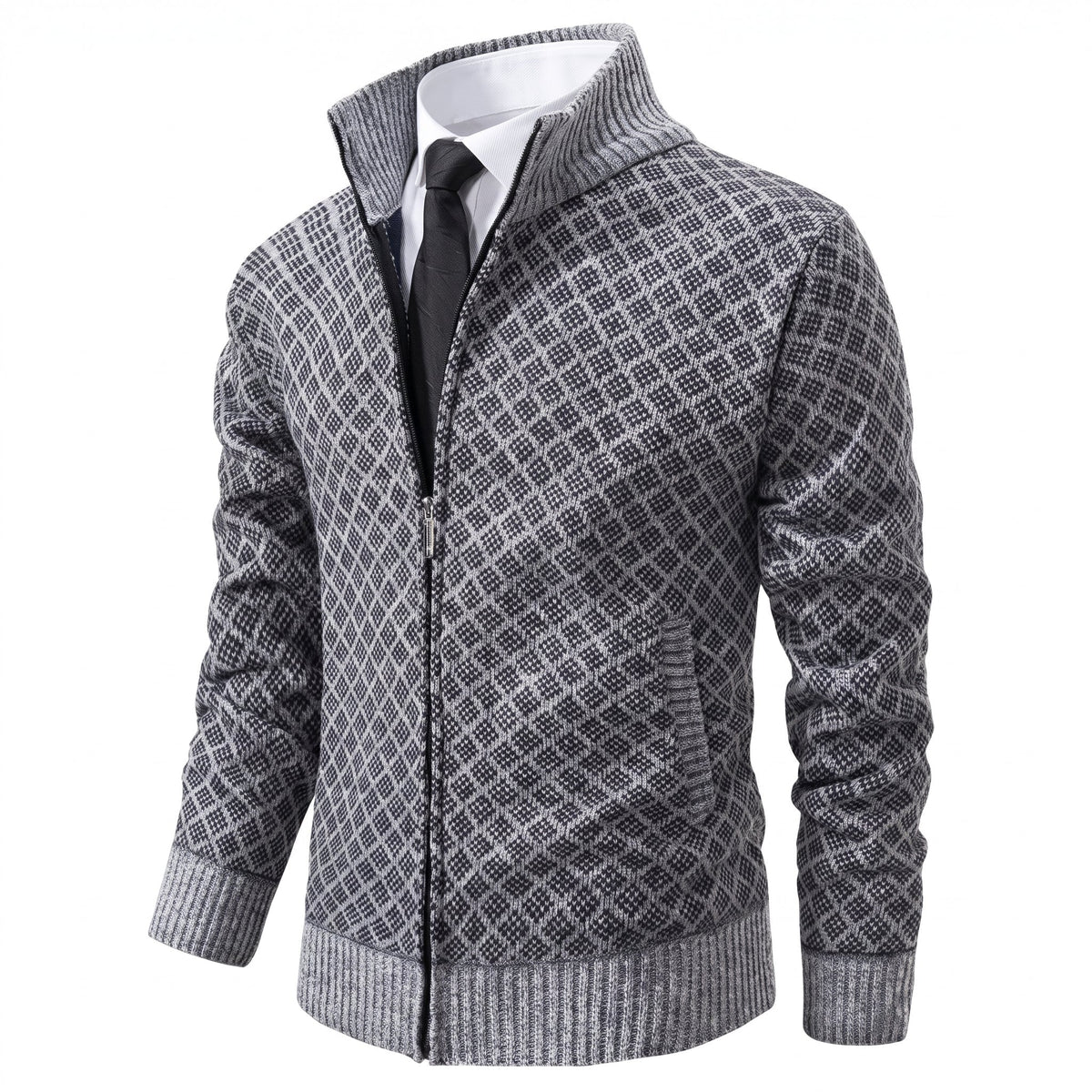 Oliver - Men's Diamond Knit Zip-Up Cardigan Jacket - Cardigans - Grey - Davies & Cooper