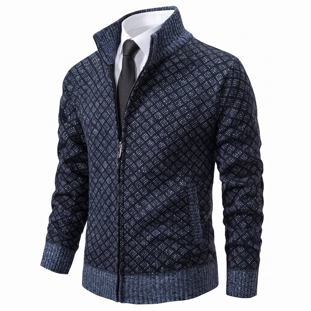 Oliver - Men's Diamond Knit Zip-Up Cardigan Jacket - Cardigans - Blue - Davies & Cooper