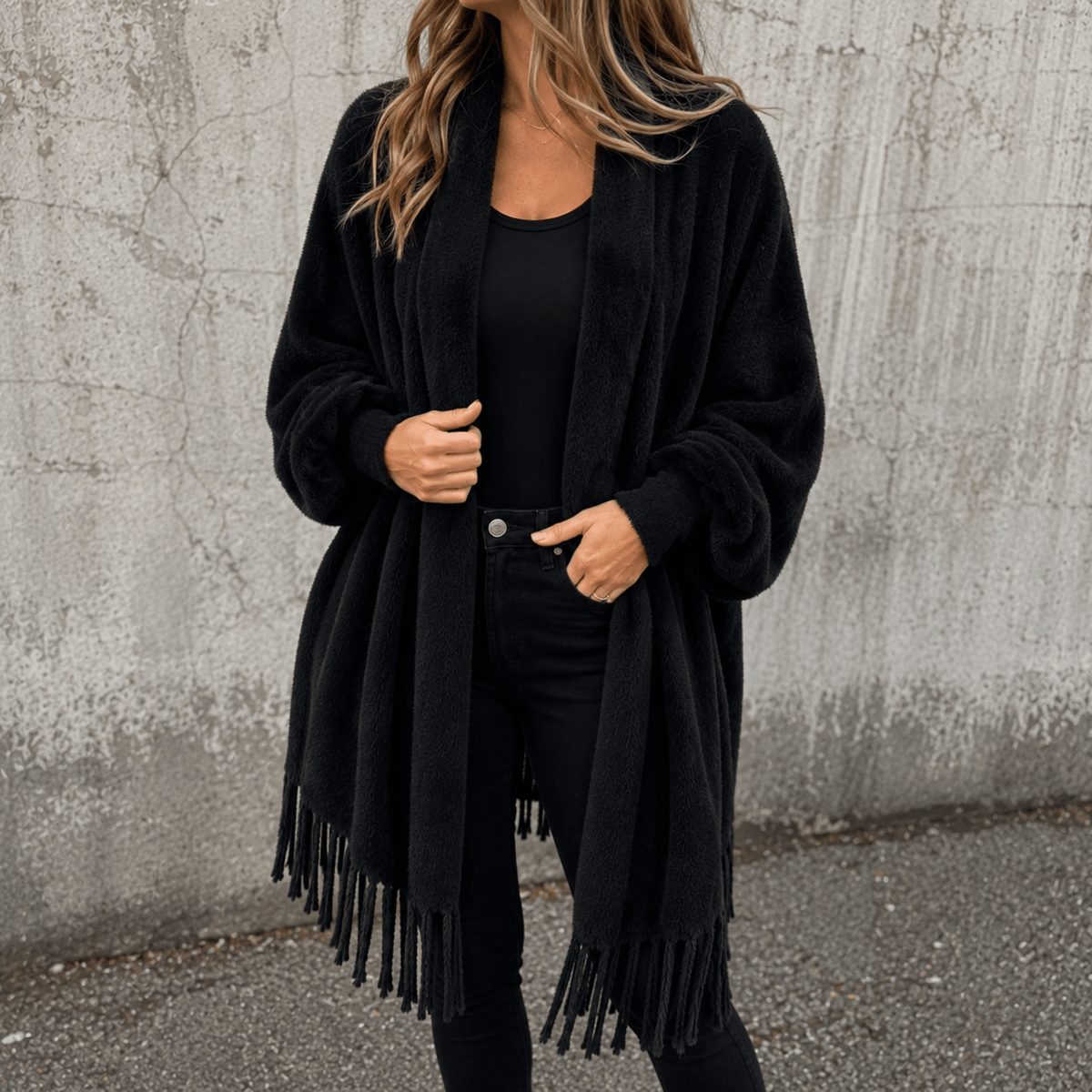 Olivia - Women's Oversized Open Cardigan with Fringe Hem Detail - Cardigans - Black - Davies & Cooper