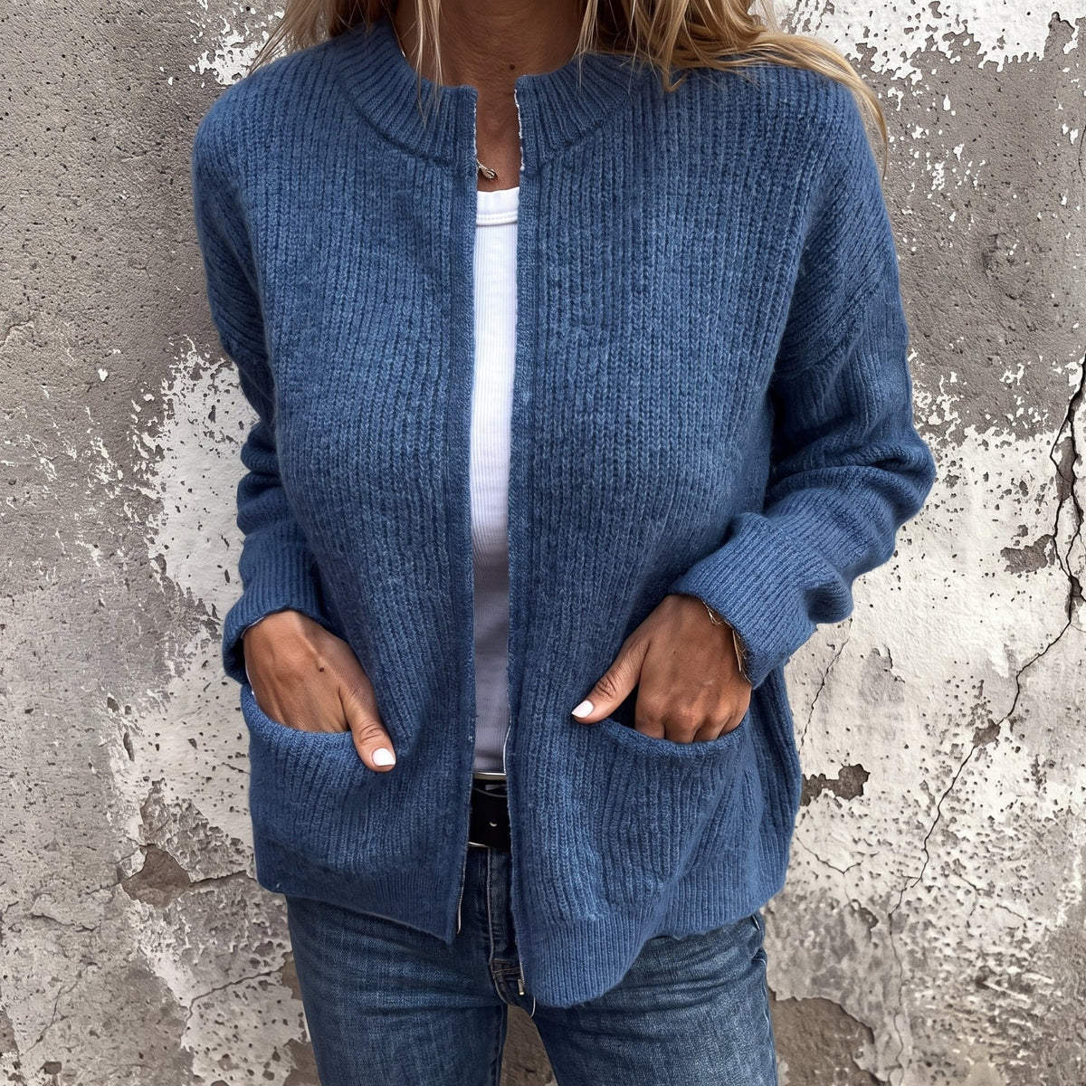 Olivia - Women's Relaxed Zip-Through Ribbed Cardigan - Cardigans - Blue - Davies & Cooper