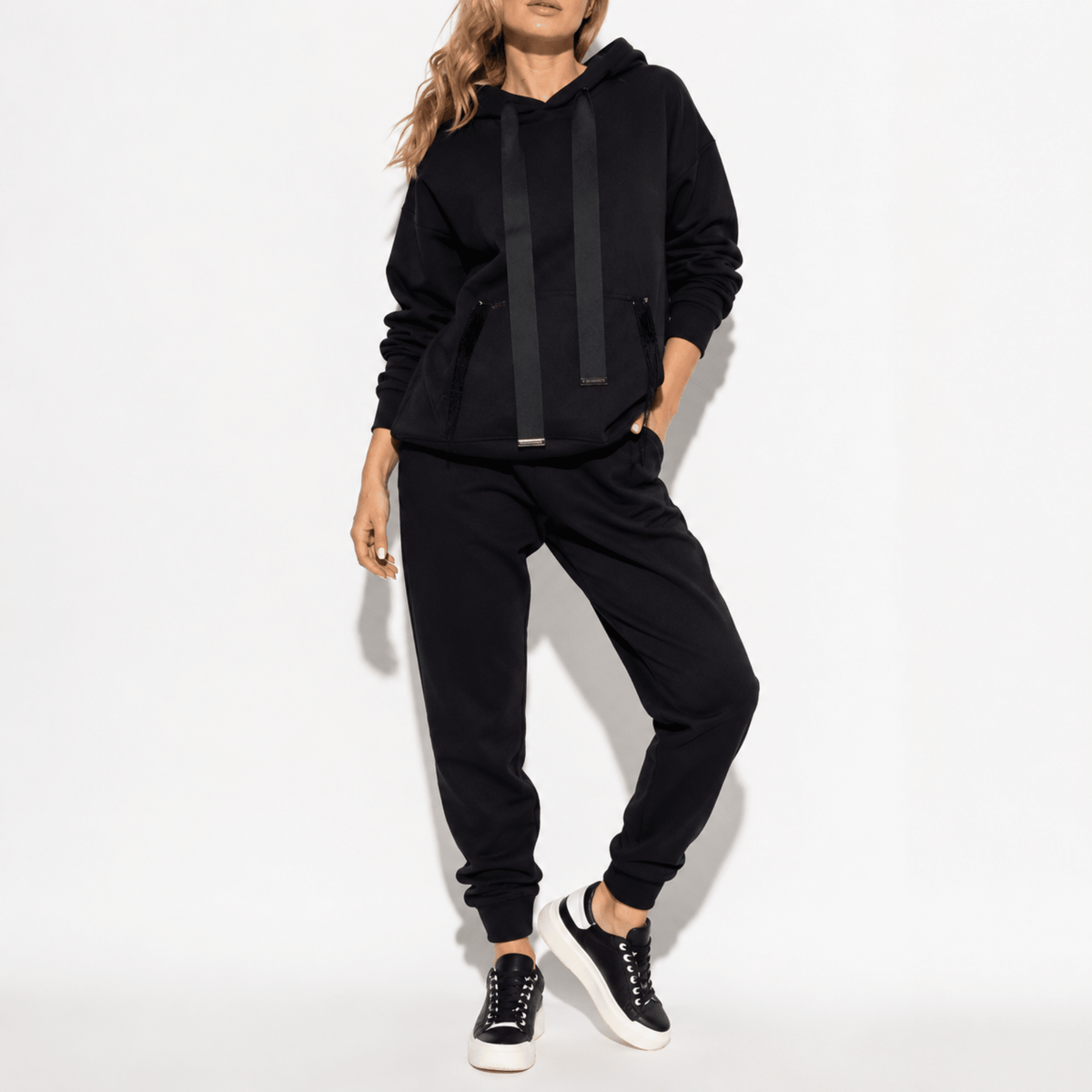 Phoebe - Women's Contrast Side Stripe Hoodie and Tracksuit Set - Outfit Sets - Black - Davies & Cooper