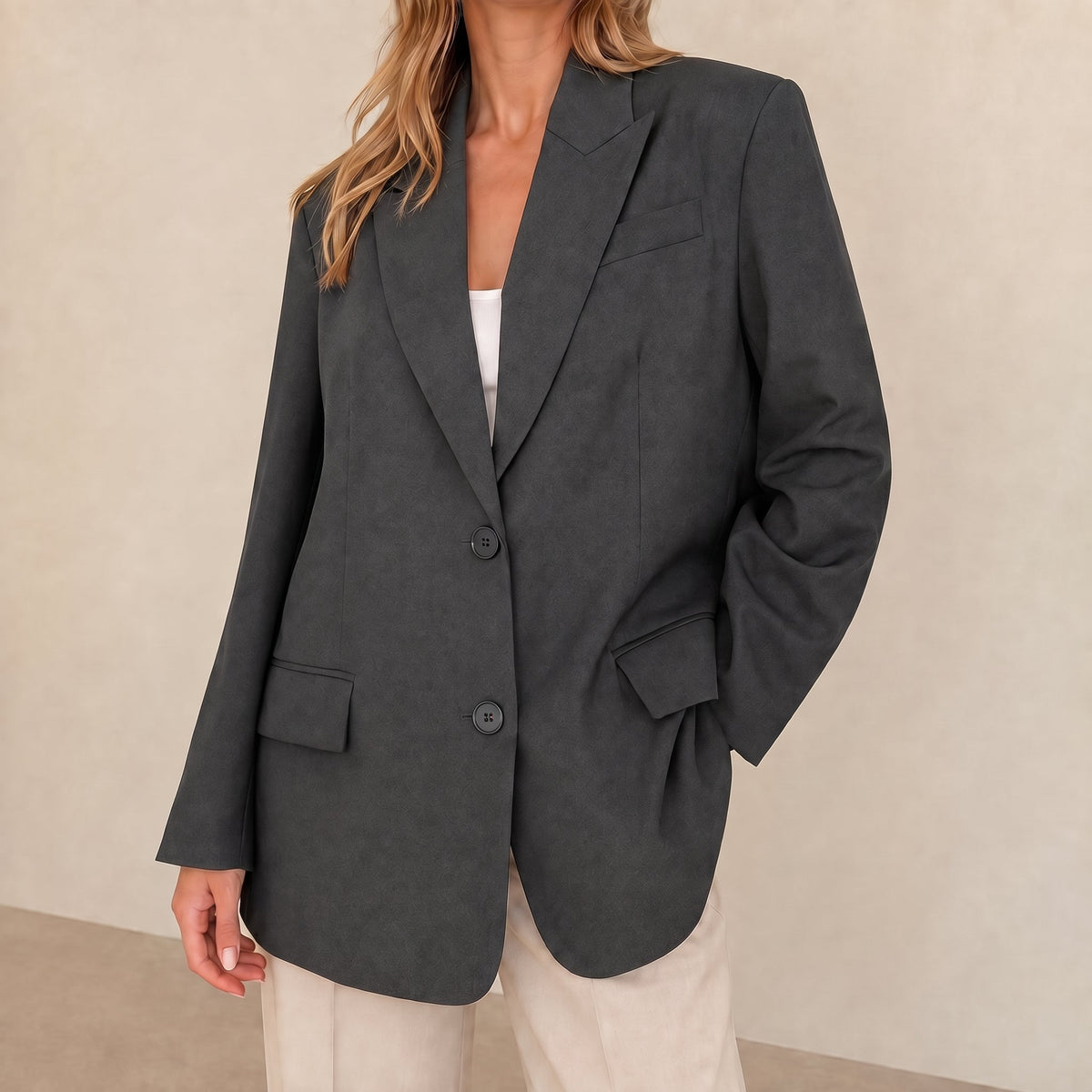 Sarah - Women's Oversized Single-Breasted Blazer - Grey