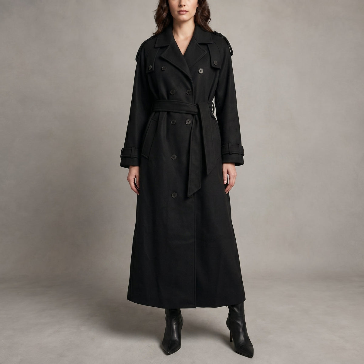 Sophie - Women's Longline Double-Breasted Trench Coat - Trench Coats - Black - Davies & Cooper