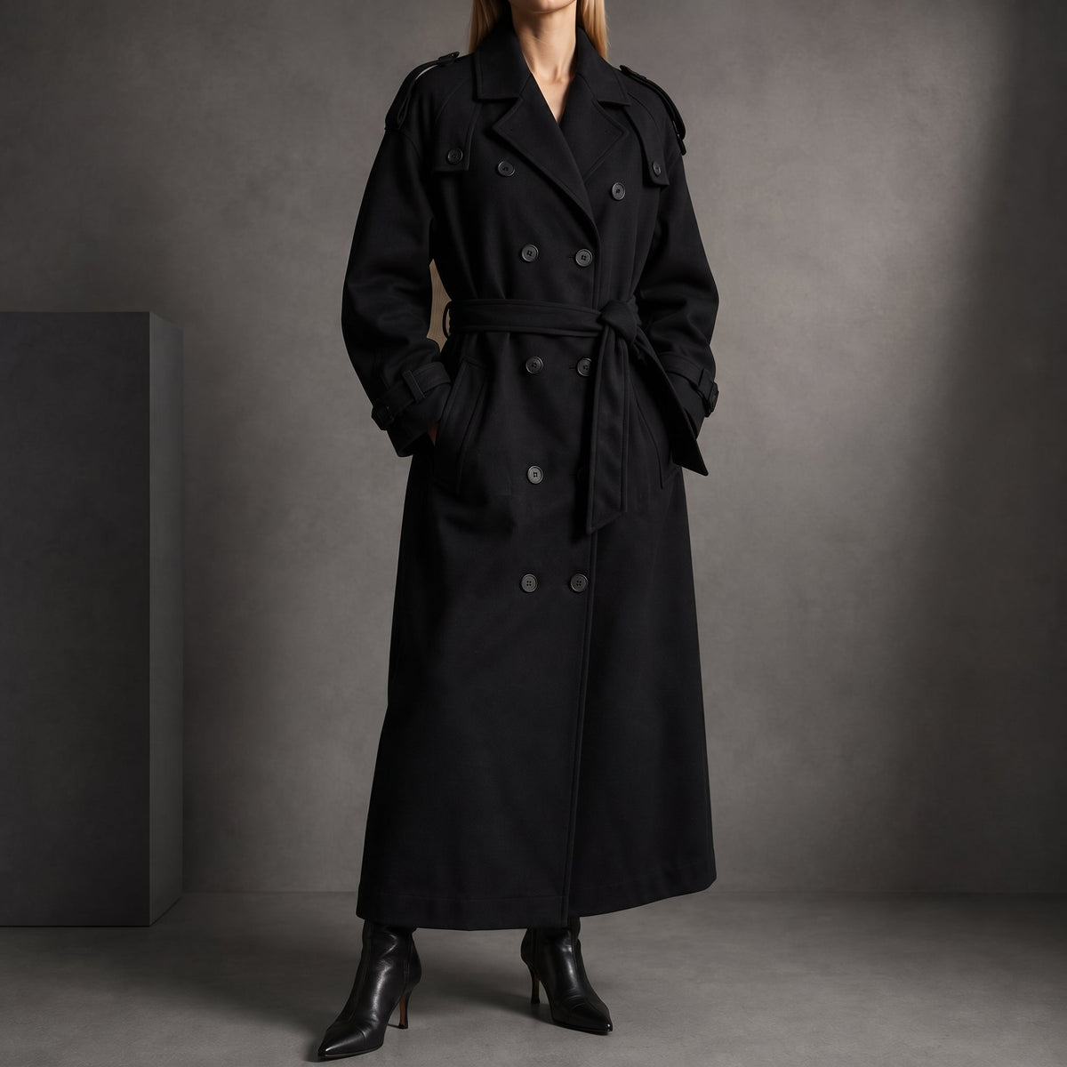 Sophie - Women's Longline Double-Breasted Trench Coat - Trench Coats - Black - Davies & Cooper