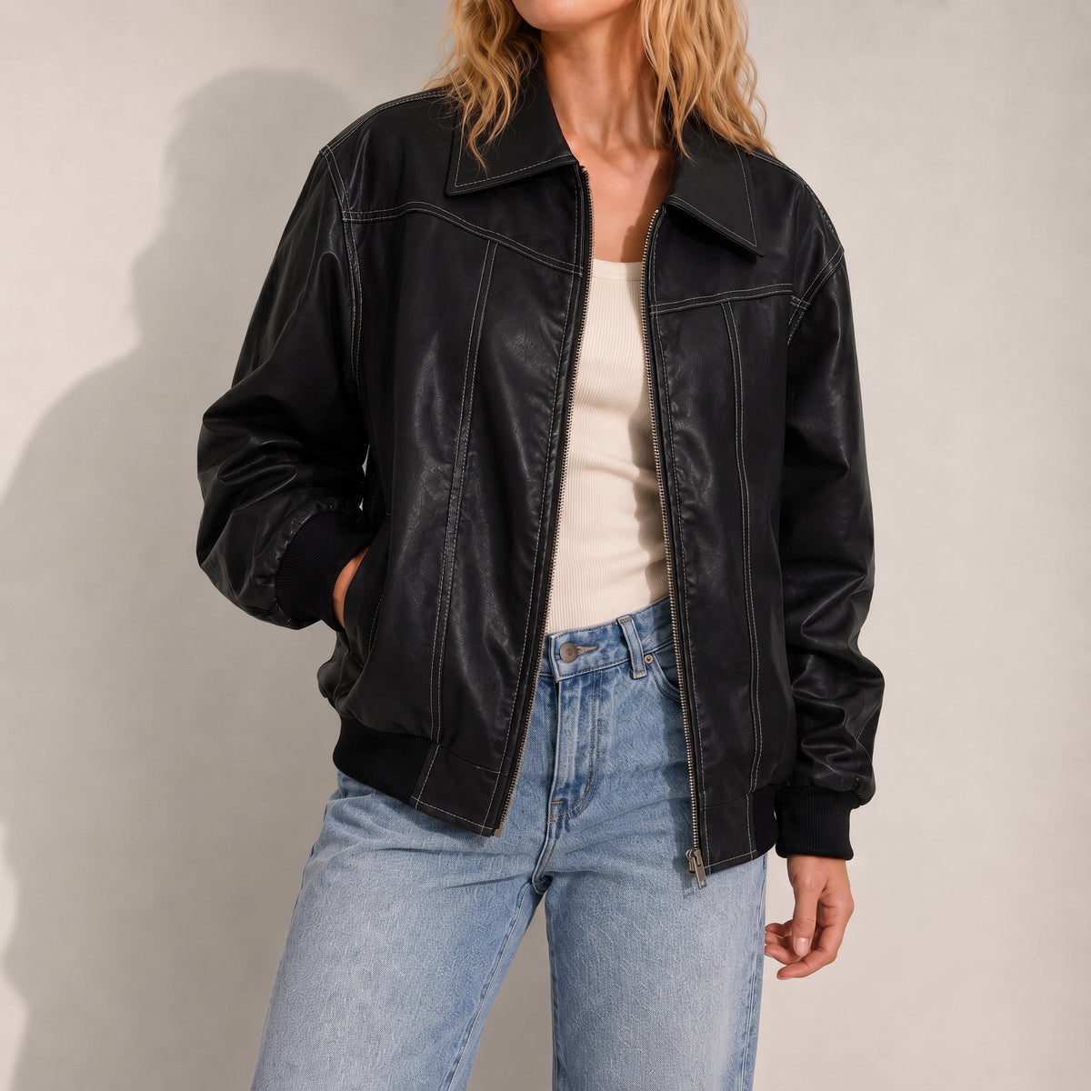 Sophie - Women's Oversized Cropped Jacket with Contrast Stitching - Coats & Jackets - Black - Davies & Cooper