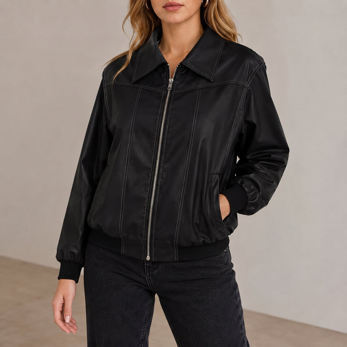 Sophie - Women's Oversized Cropped Jacket with Contrast Stitching - Coats & Jackets - Black - Davies & Cooper