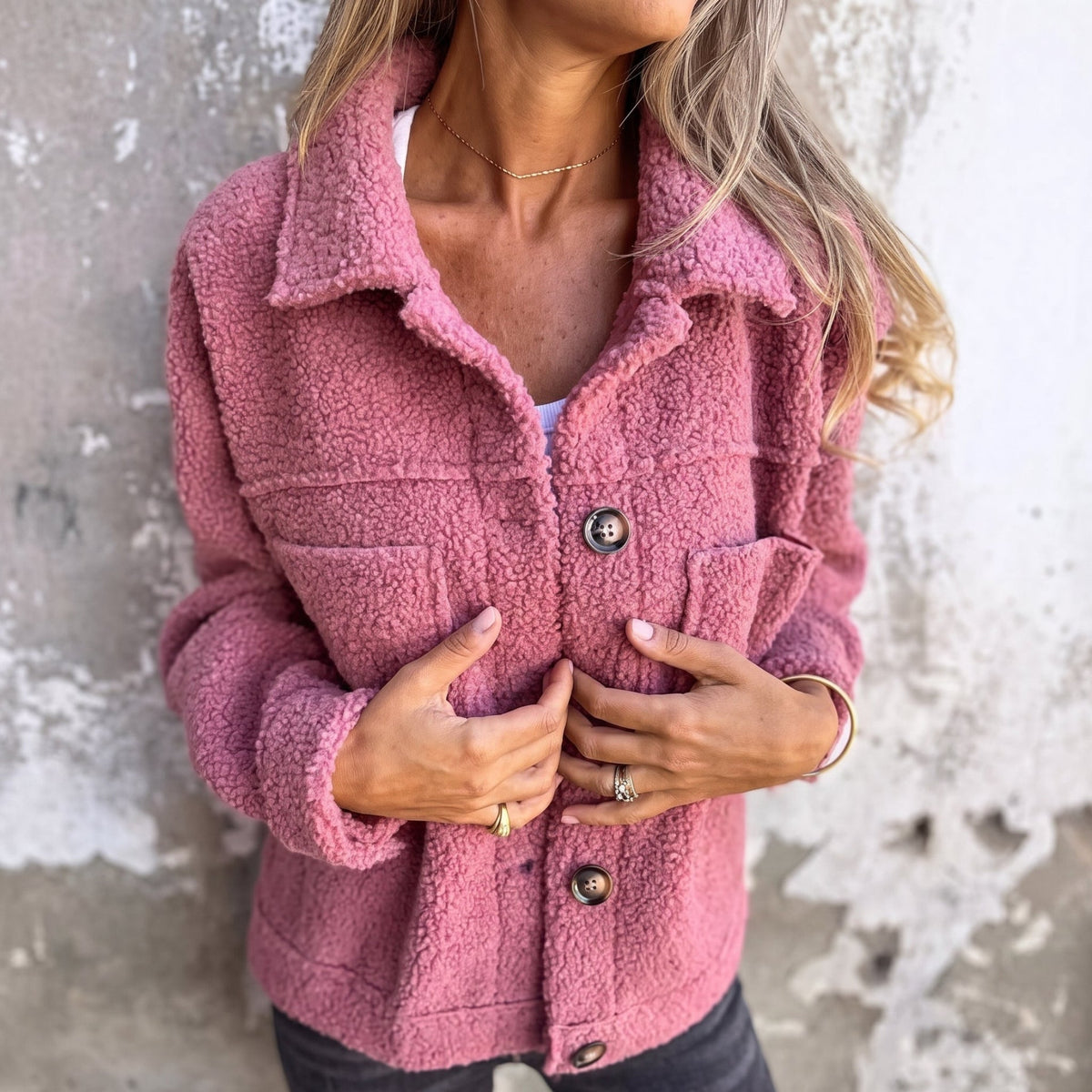 Charlotte - Women's Boxy Textured Shirt Jacket with Chest Pockets - Jackets - Pink - Davies & Cooper