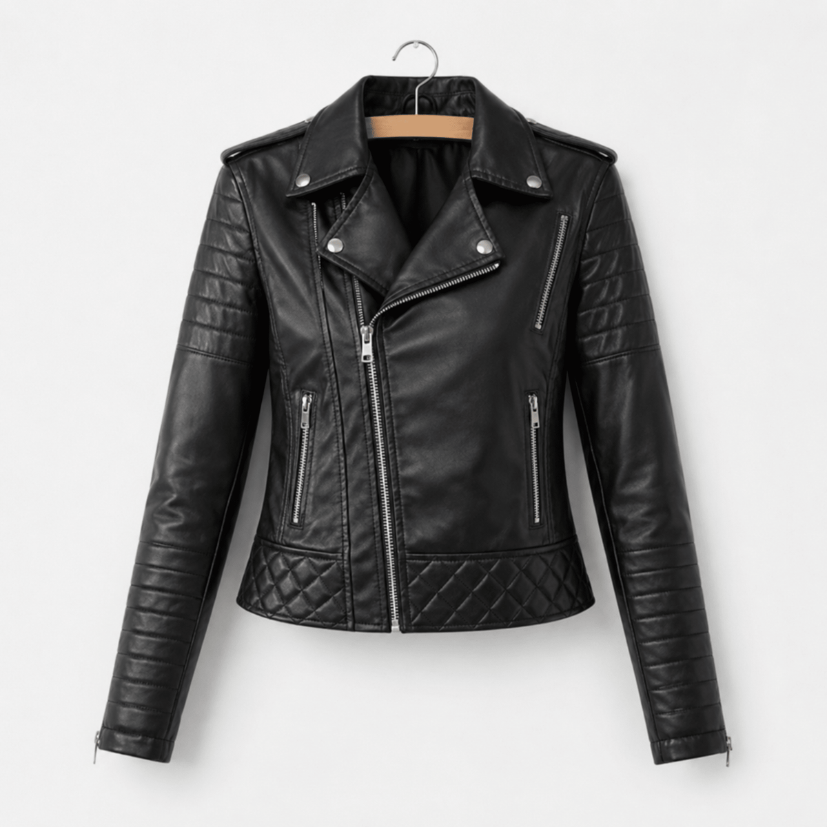 Charlotte - Women's Quilted Biker Jacket with Zip Detailing - Black