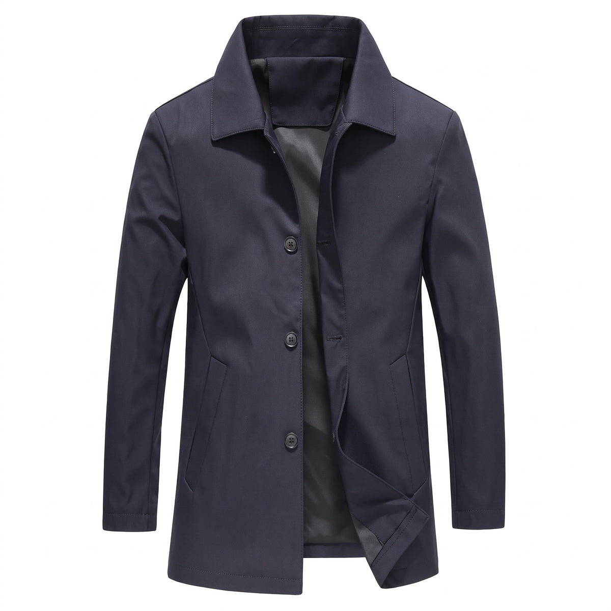 Hermann - Men's Relaxed Fit Single-Breasted Mid-Length Mac Coat - Jackets - Navy - Davies & Cooper