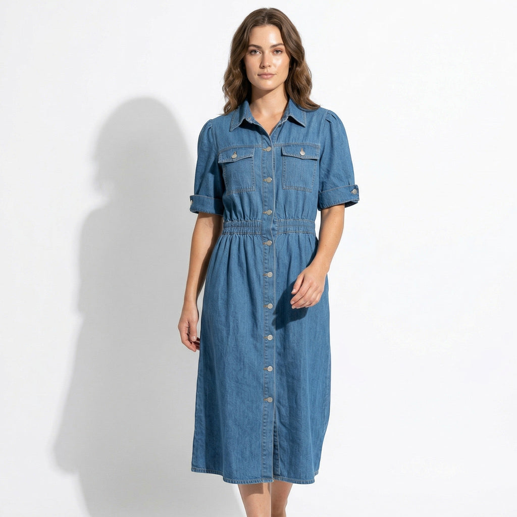 Isabelle – Women's Summer Denim Midi Dress with Button-Down Front
