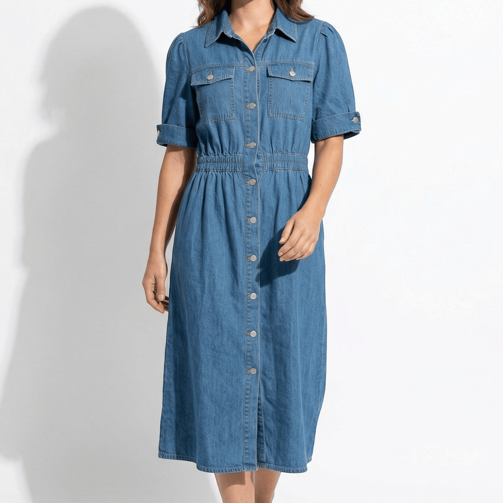 Isabelle – Women's Summer Denim Midi Dress with Button-Down Front