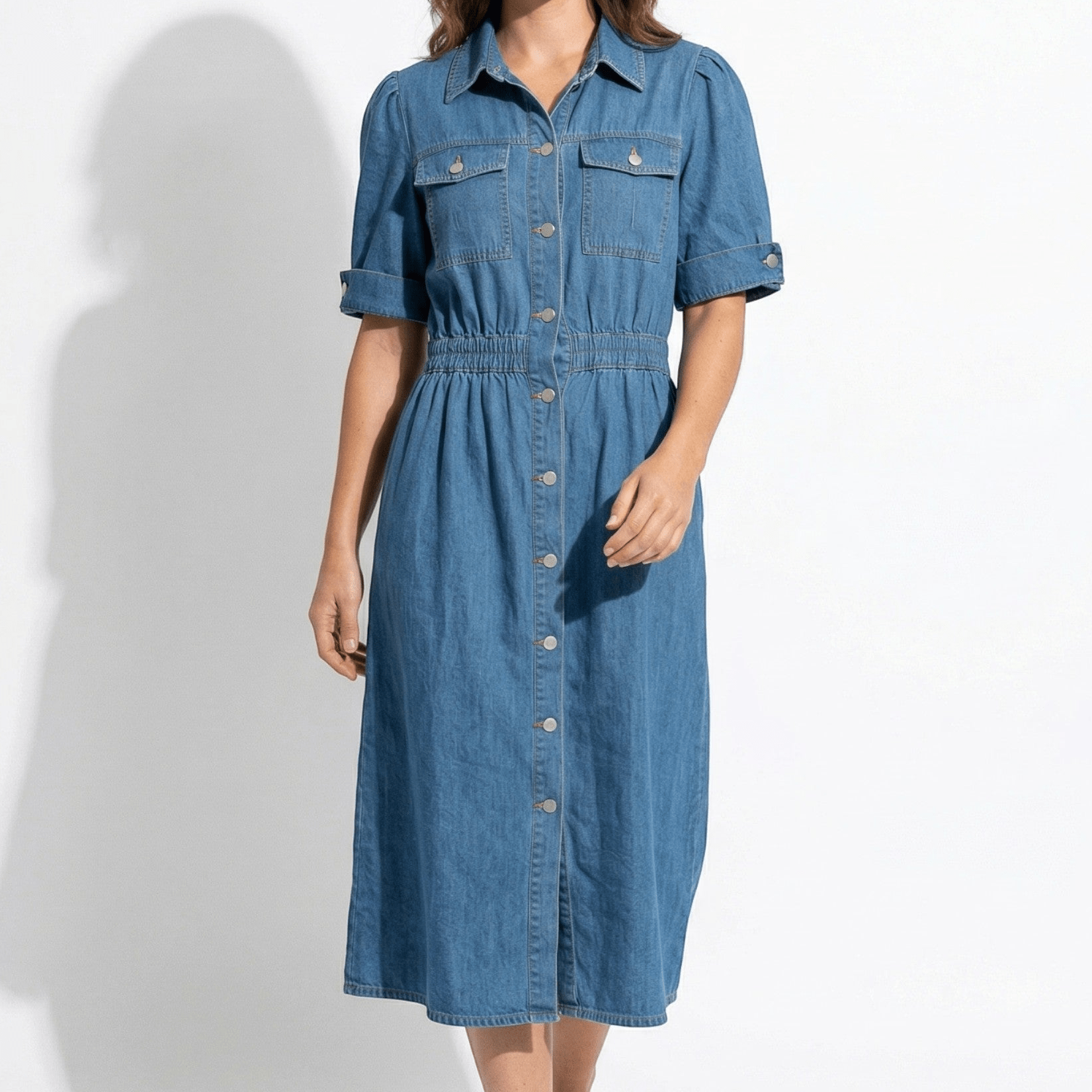 Isabelle – Women's Summer Denim Midi Dress with Button-Down Front