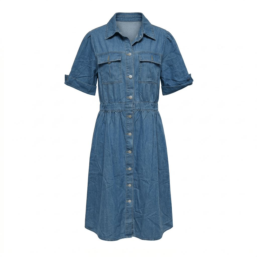 Isabelle – Women's Summer Denim Midi Dress with Button-Down Front