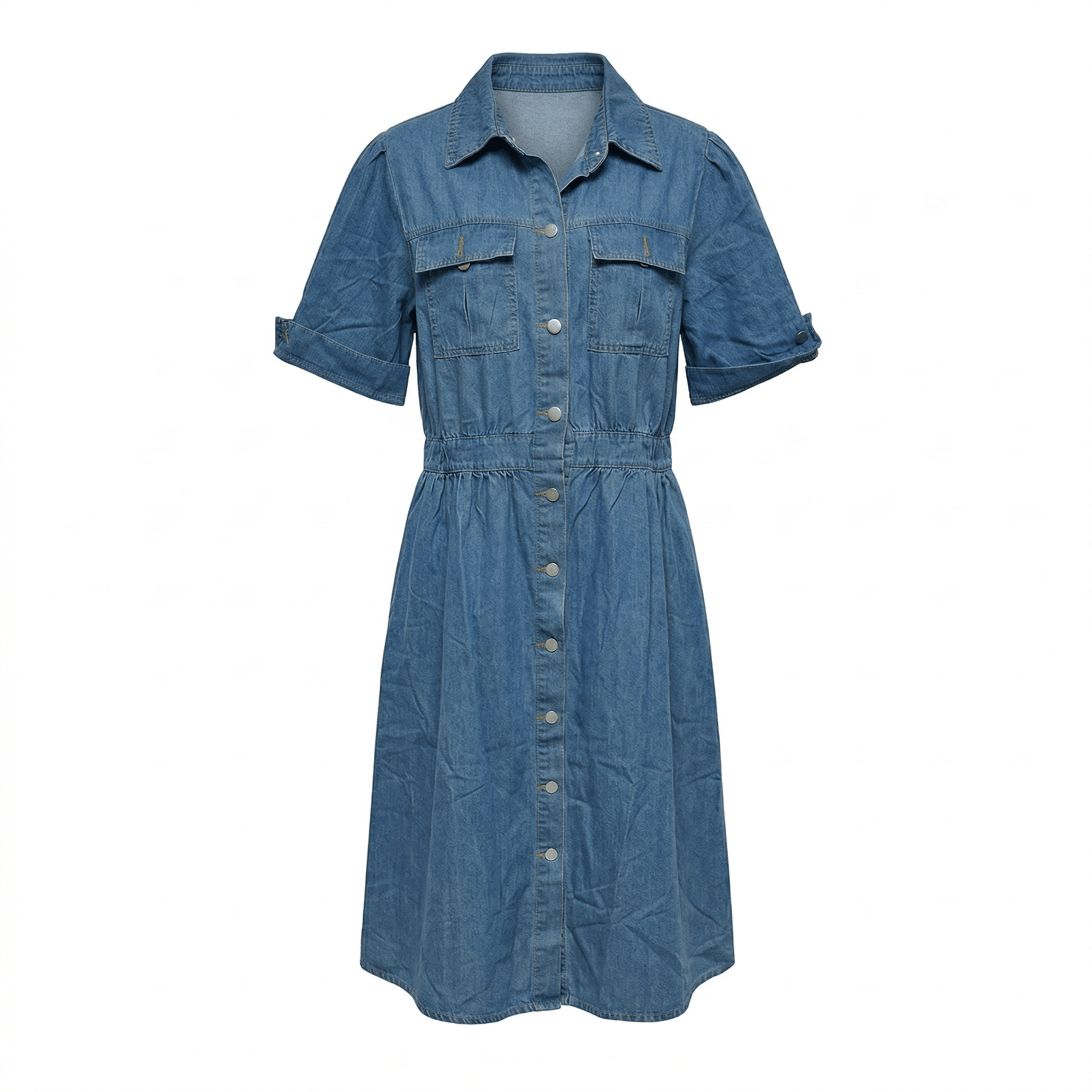 Isabelle – Women's Summer Denim Midi Dress with Button-Down Front