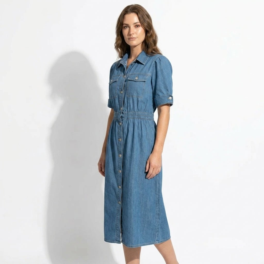 Isabelle – Women's Summer Denim Midi Dress with Button-Down Front