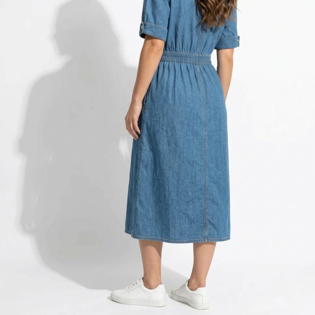 Isabelle – Women's Summer Denim Midi Dress with Button-Down Front