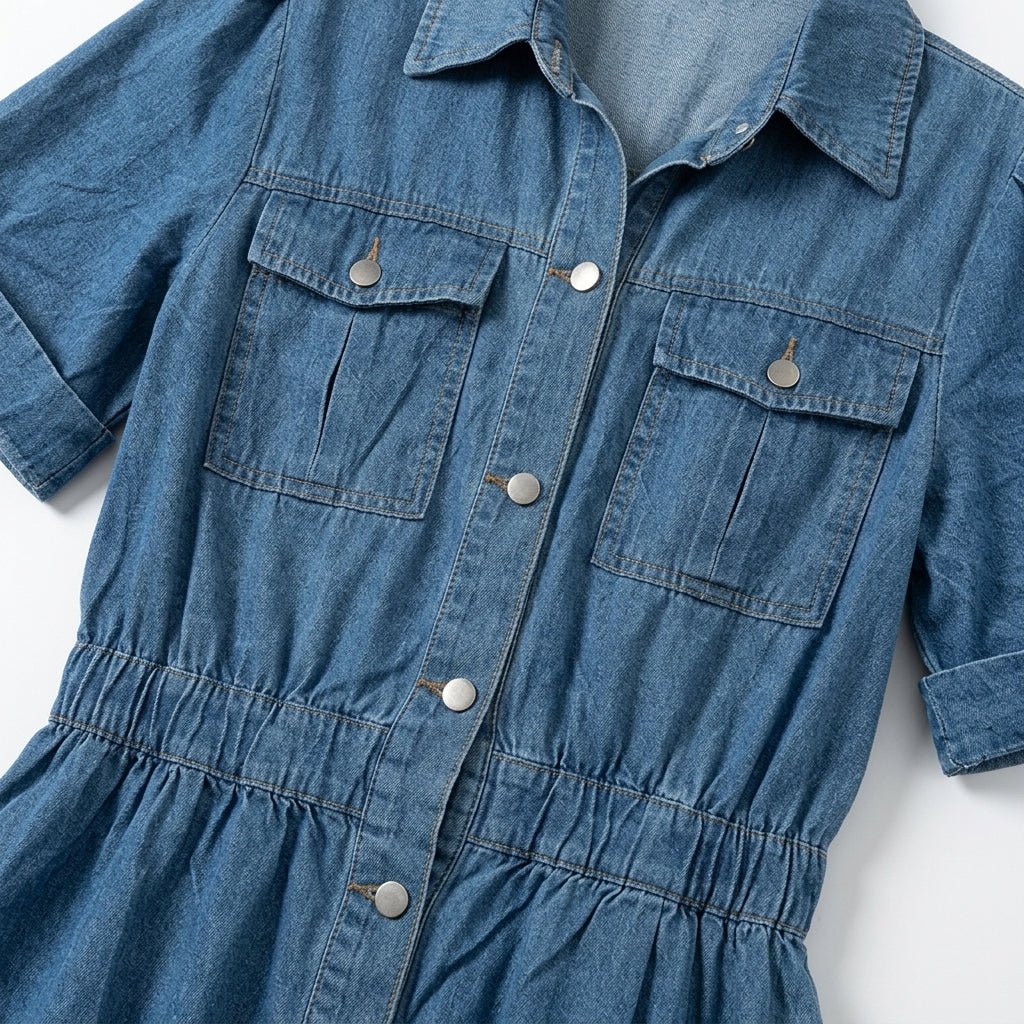 Isabelle – Women's Summer Denim Midi Dress with Button-Down Front