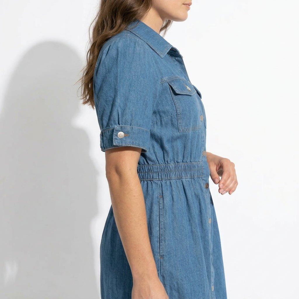 Isabelle – Women's Summer Denim Midi Dress with Button-Down Front