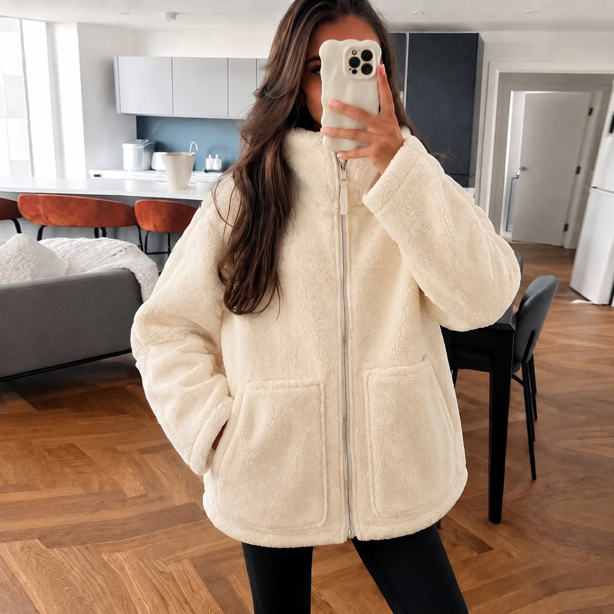 Isla - Women's Oversized Jacket with Stand Collar - Coats & Jackets - Beige - Davies & Cooper