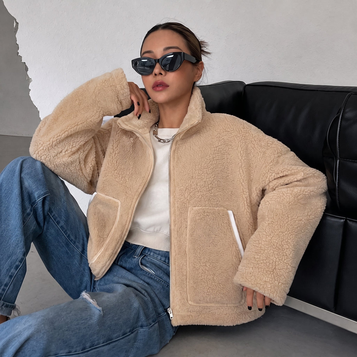 Isla - Women's Oversized Jacket with Stand Collar - Coats & Jackets - Brown - Davies & Cooper
