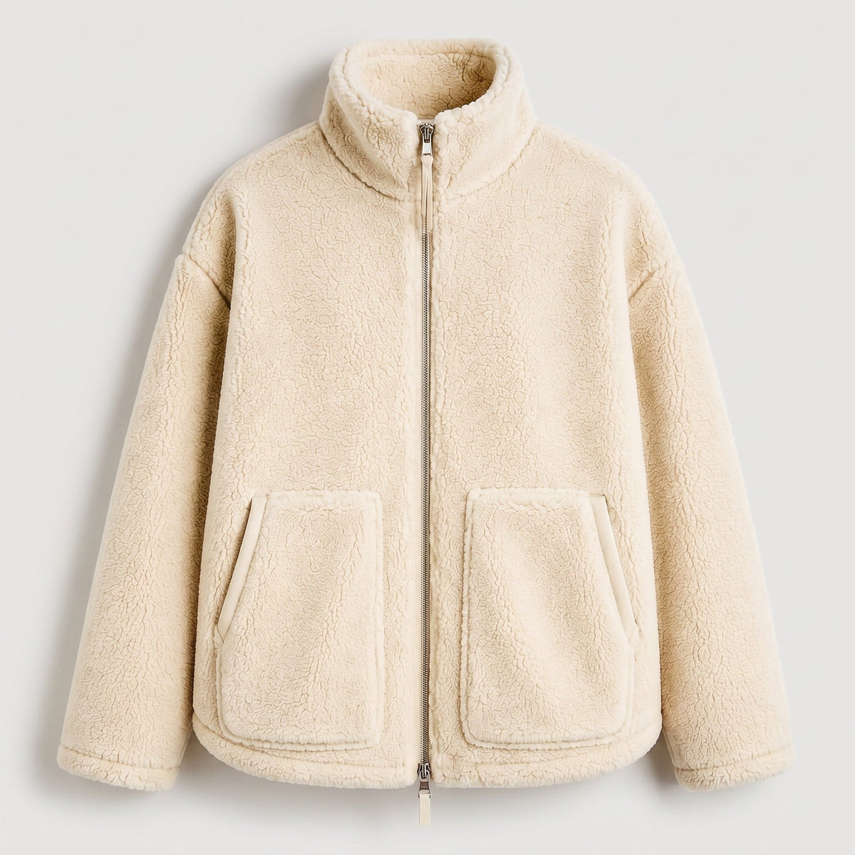 Isla - Women's Oversized Jacket with Stand Collar - Coats & Jackets - Beige - Davies & Cooper