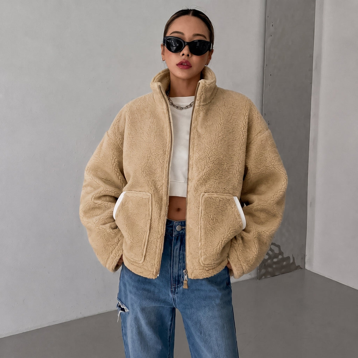 Isla - Women's Oversized Jacket with Stand Collar - Coats & Jackets - Brown - Davies & Cooper