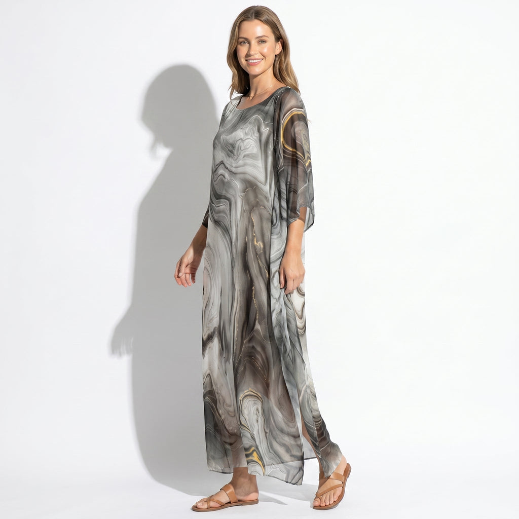 Lara - Women's Relaxed Fit Summer Marble Print Maxi Dress