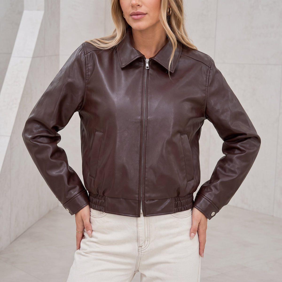Liesel - Women's Collared Bomber Zip Front Jacket - Bomber Jackets - Brown - Davies & Cooper