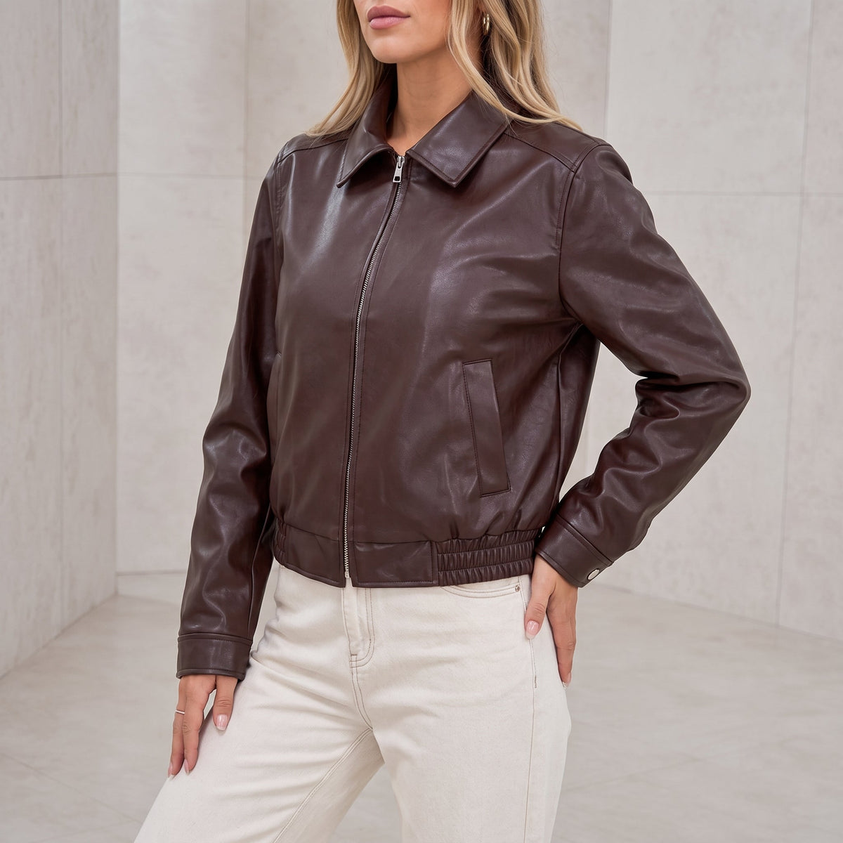 Liesel - Women's Collared Bomber Zip Front Jacket - Bomber Jackets - Brown - Davies & Cooper