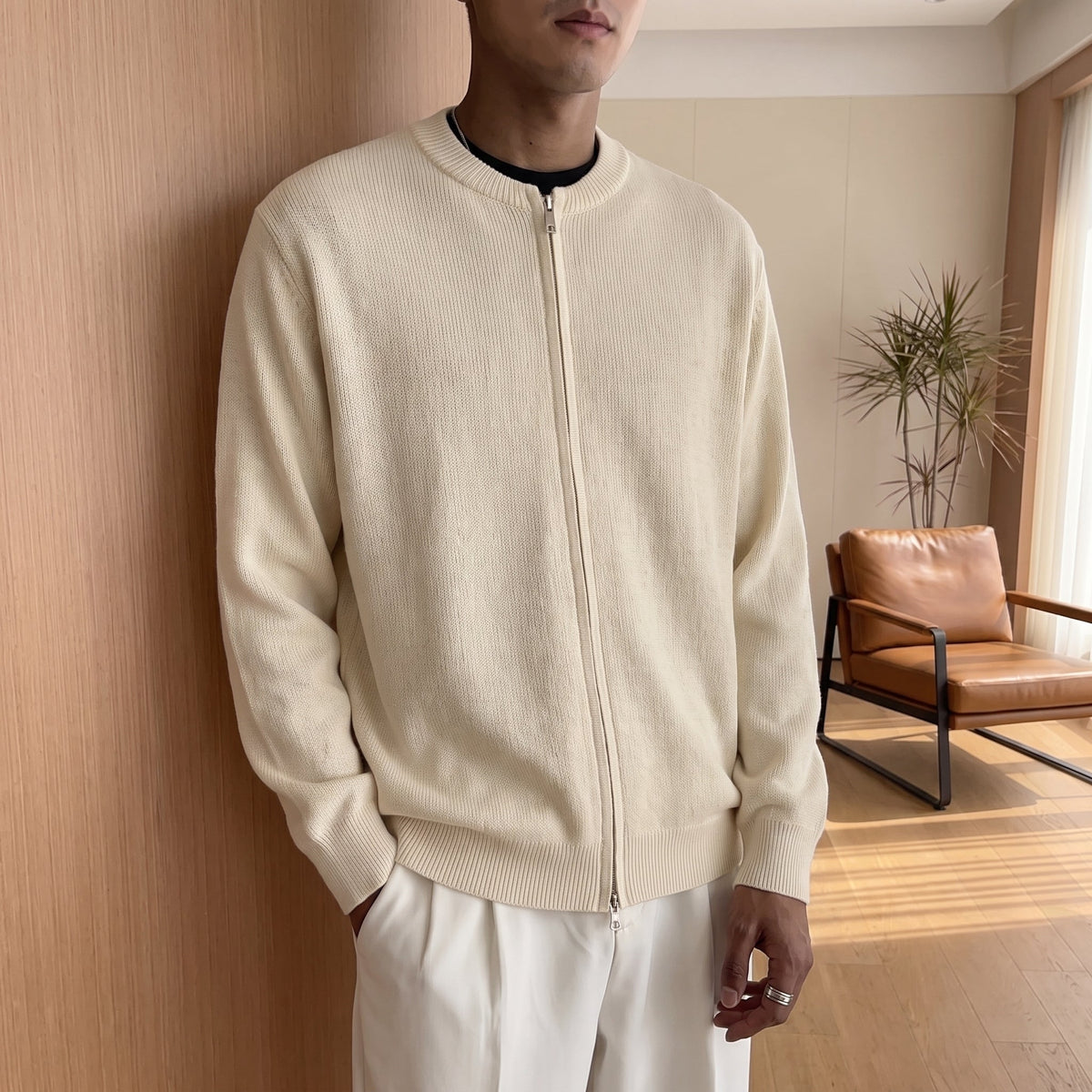 Marcus - Men's Ribbed Zip-Up Cardigan with Bomber Collar - Cardigans - Beige - Davies & Cooper