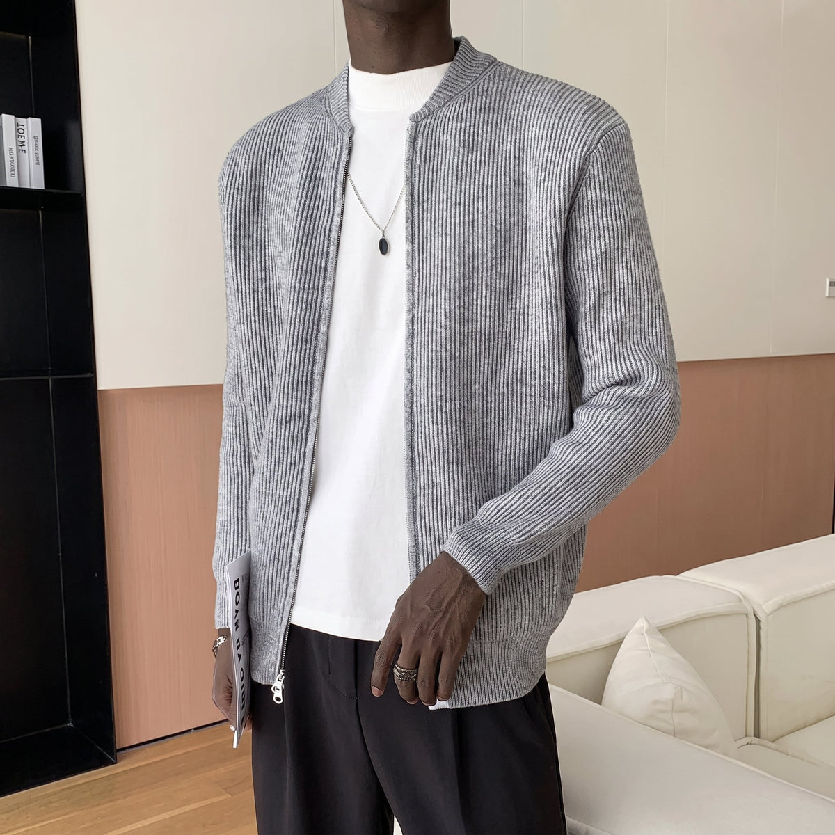 Marcus - Men's Ribbed Zip-Up Cardigan with Bomber Collar - Cardigans - Grey - Davies & Cooper