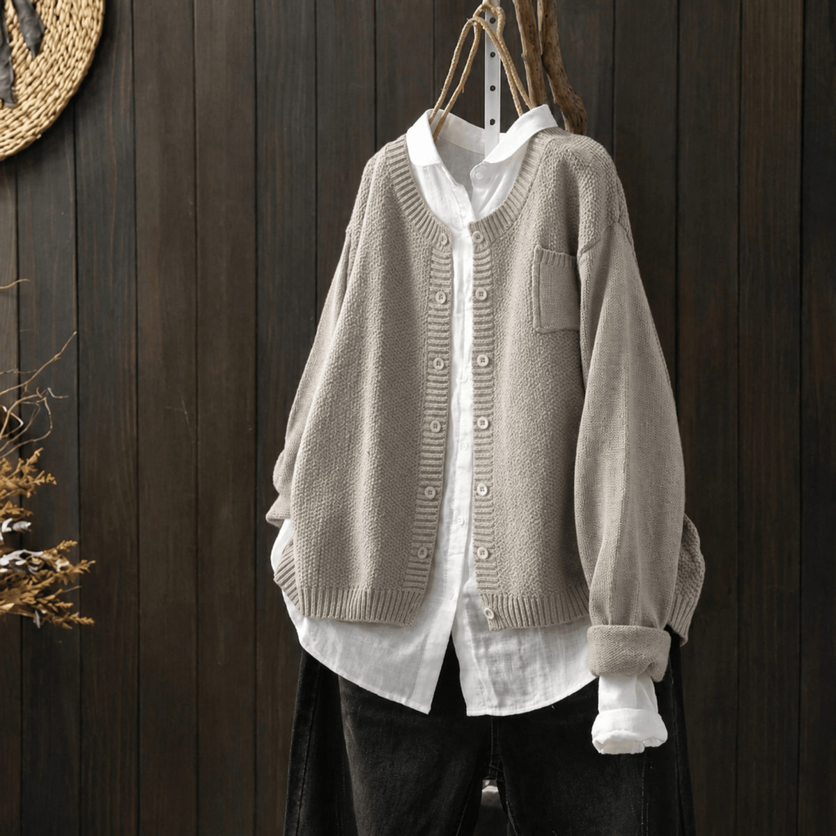Margaret - Women's Oversized Chunky Knit Cardigan with Patch Pocket - Cardigans - Beige - Davies & Cooper