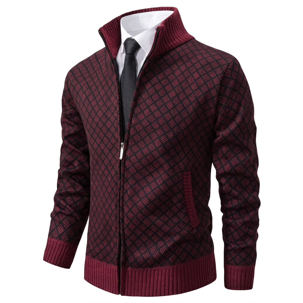 Oliver - Men's Diamond Knit Zip-Up Cardigan Jacket - Cardigans - Burgundy - Davies & Cooper