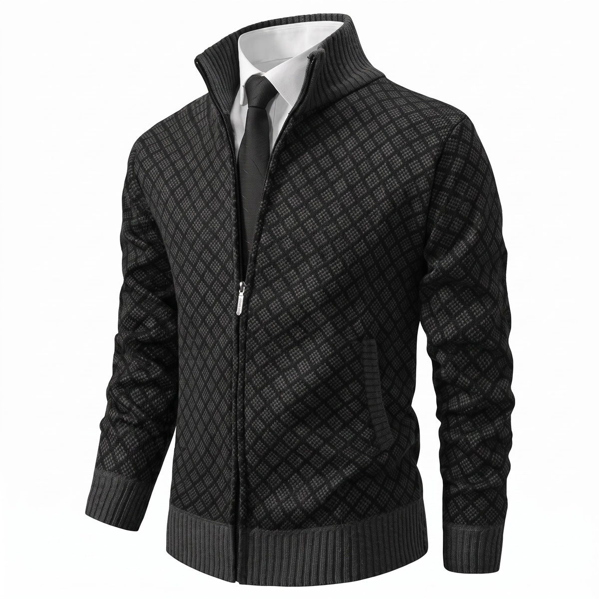 Oliver - Men's Diamond Knit Zip-Up Cardigan Jacket - Cardigans - Black - Davies & Cooper