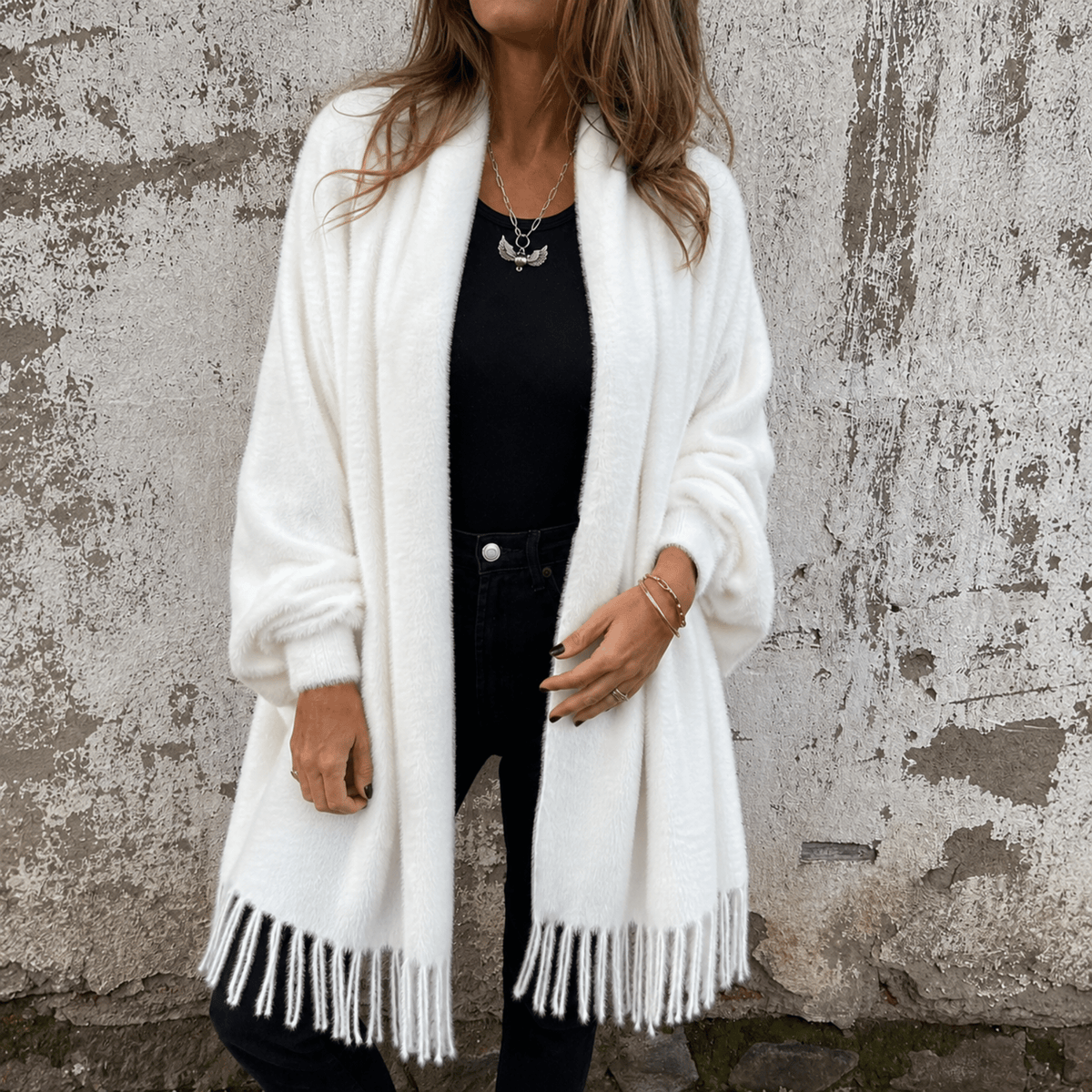 Olivia - Women's Oversized Open Cardigan with Fringe Hem Detail - Cardigans - White - Davies & Cooper