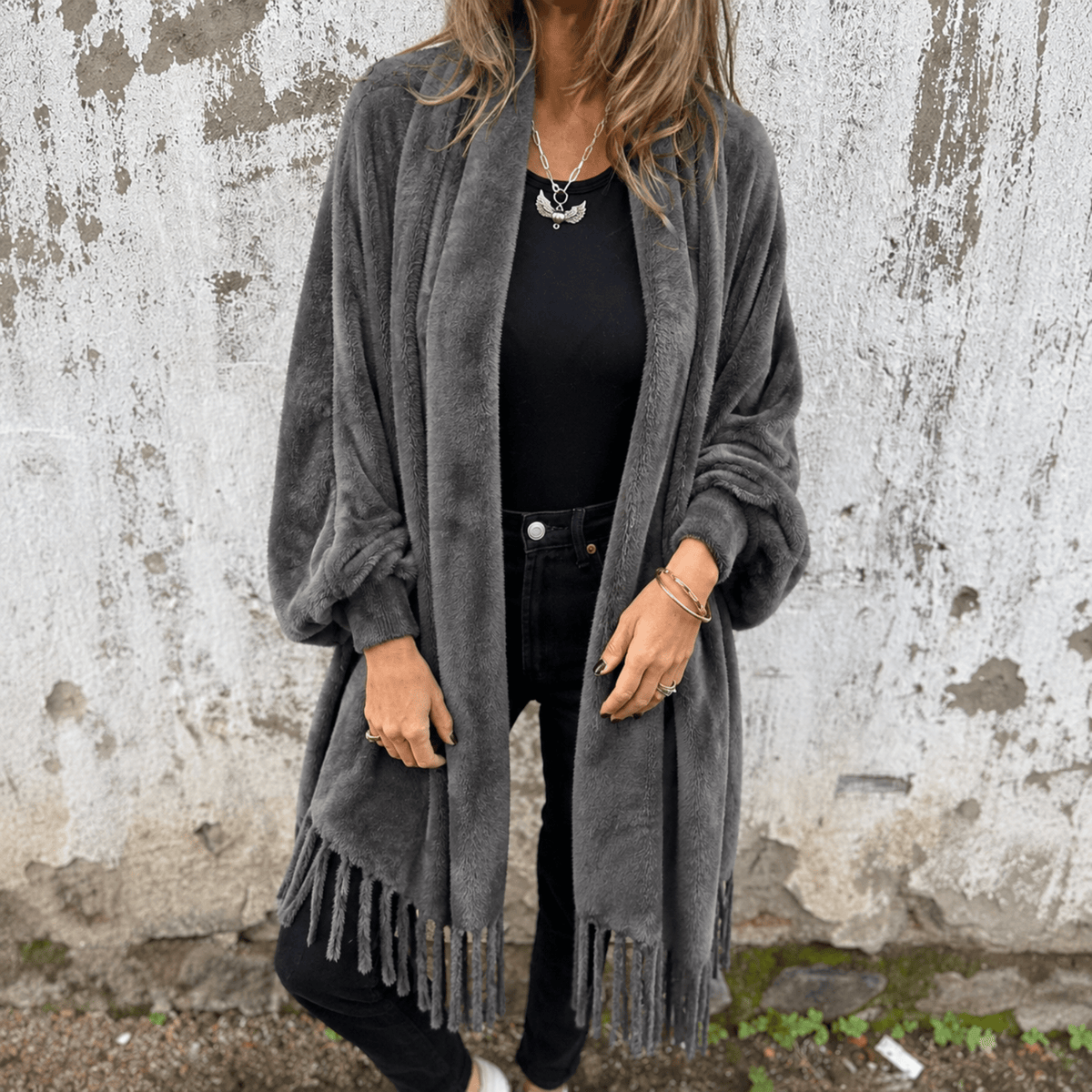 Olivia - Women's Oversized Open Cardigan with Fringe Hem Detail - Cardigans - Grey - Davies & Cooper