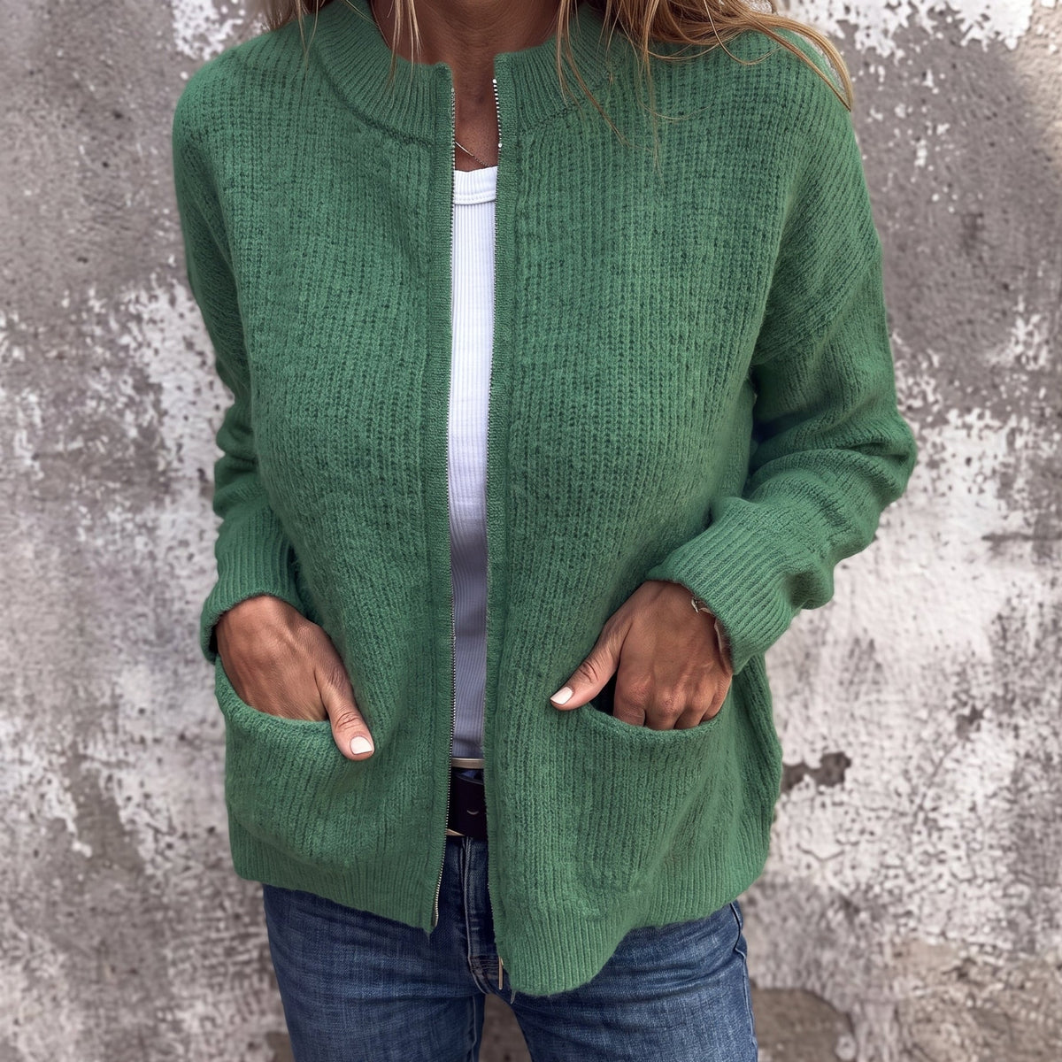 Olivia - Women's Relaxed Zip-Through Ribbed Cardigan - Cardigans - Green - Davies & Cooper