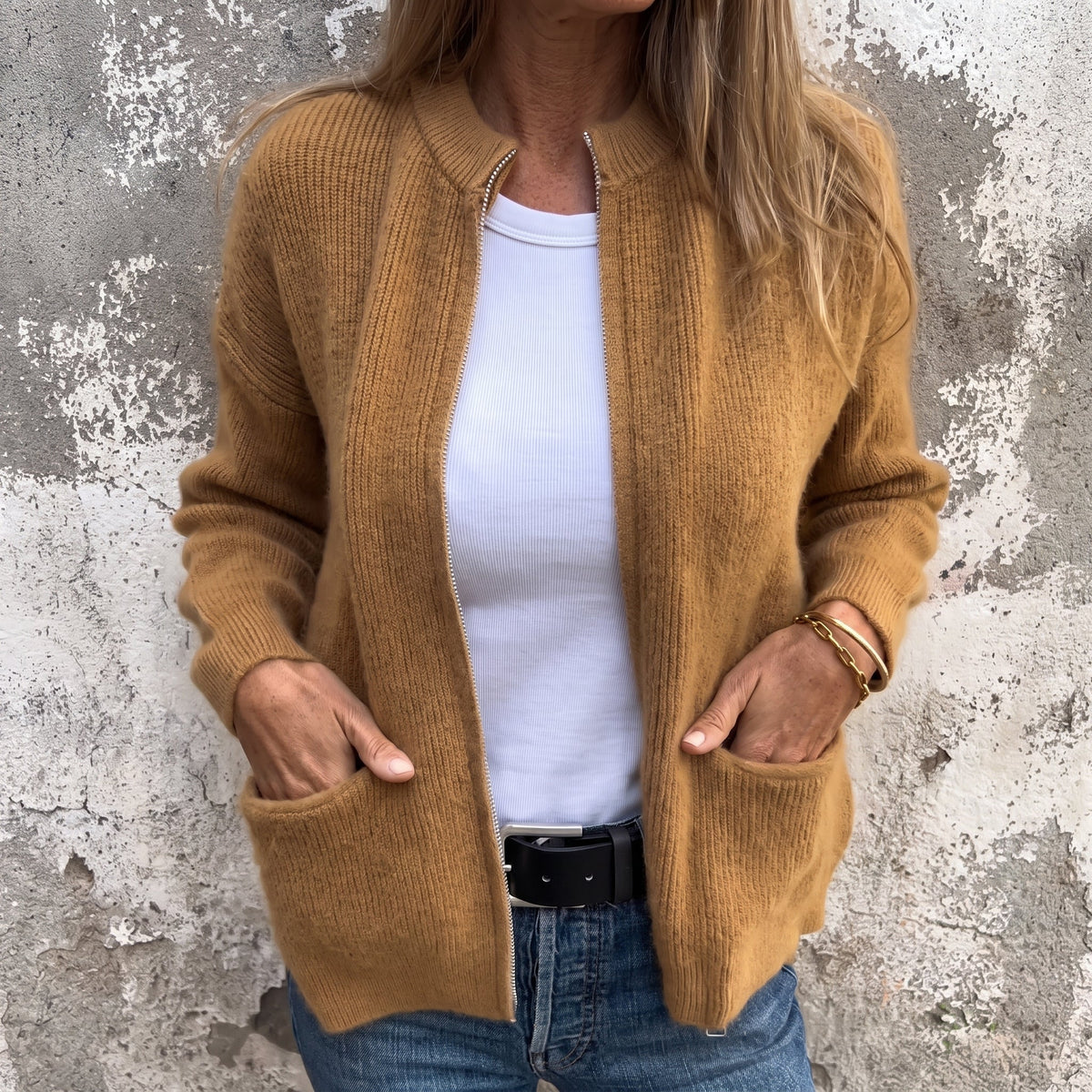 Olivia - Women's Relaxed Zip-Through Ribbed Cardigan - Cardigans - Brown - Davies & Cooper